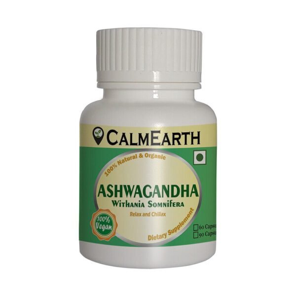 Organic Ashwagandha Capsules capsules close-up view by CalmEarth