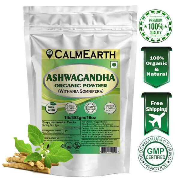 Organic Ashwagandha Root Powder powder fine texture close-up by CalmEarth