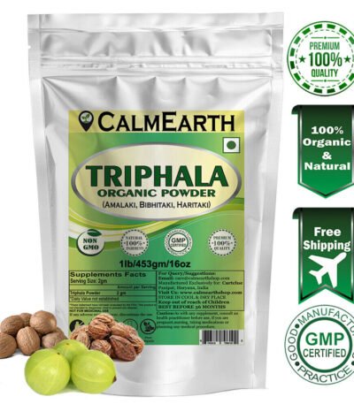 Organic Triphala Powder powder fine texture close-up by CalmEarth
