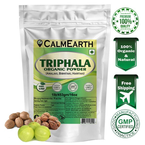 Organic Triphala Powder powder fine texture close-up by CalmEarth