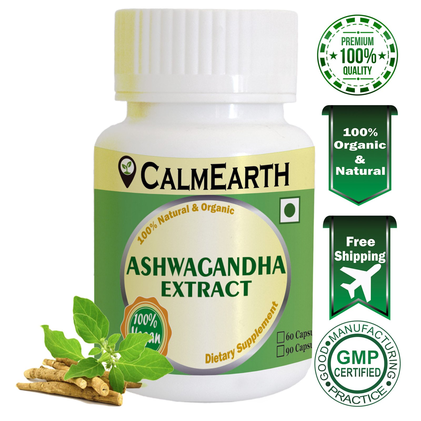 front CalmEarth Ashwagandha Extract Capsules (Withania somnifera) 10% Withanolides - Image 1